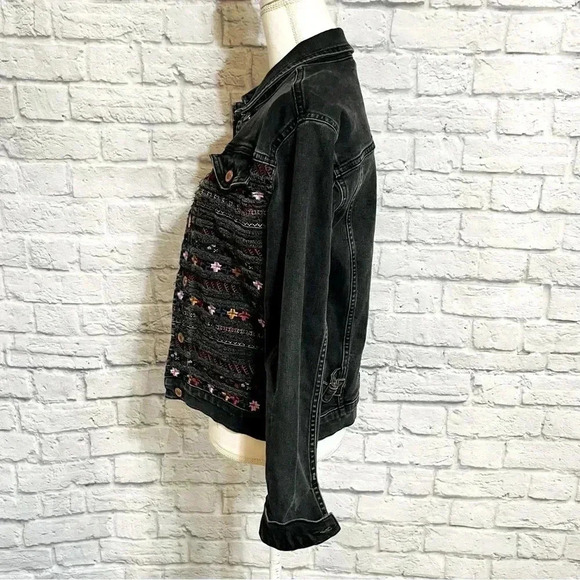 Topshop Embroidered Denim Jacket Jean Jacket Moto Washed Black Rough Edge - Picture 3 of 9